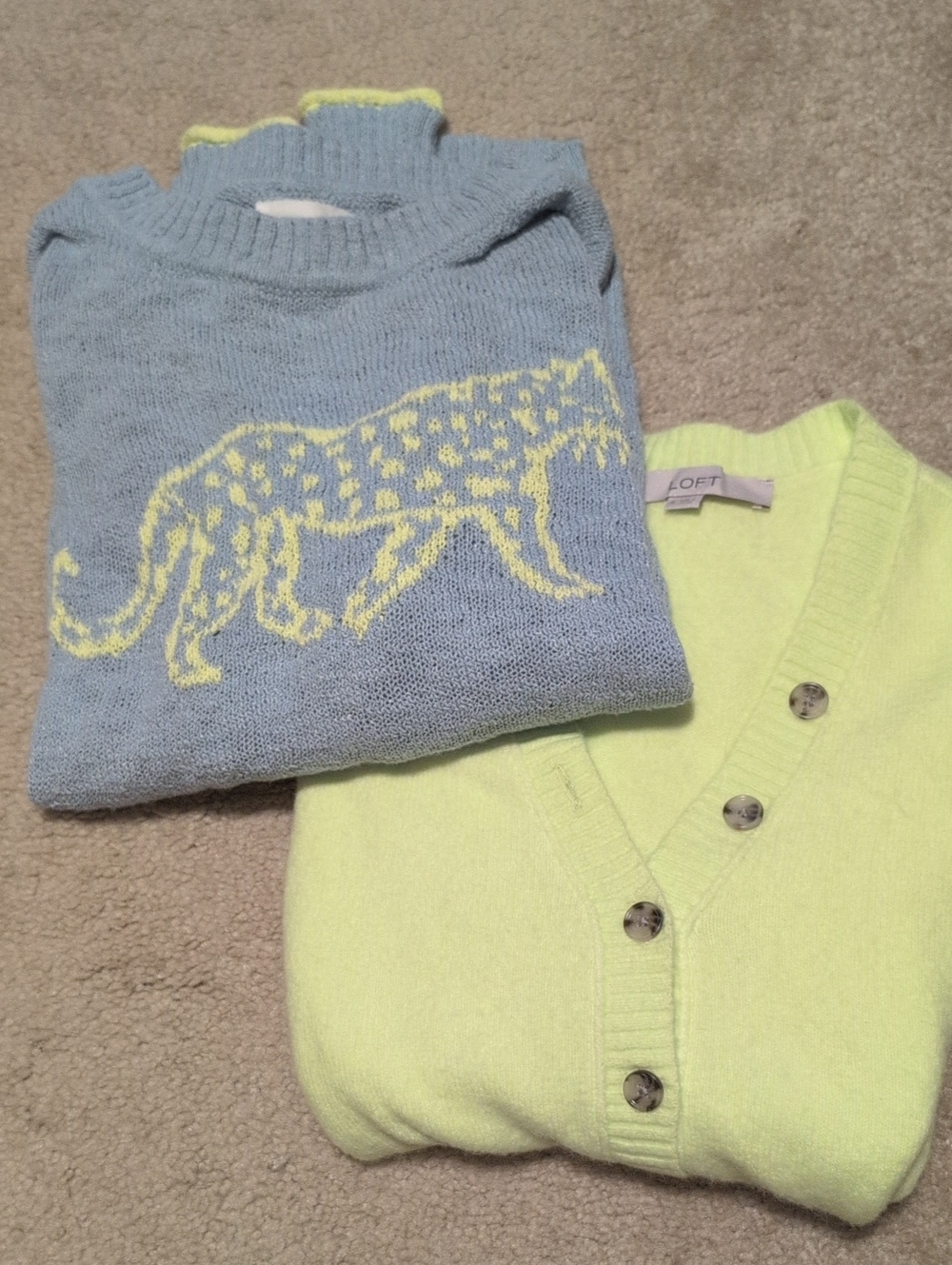 LOFT Light Blue Crew Neck Sweater with Pale Yellow Leopard Motif, V Neck Henley